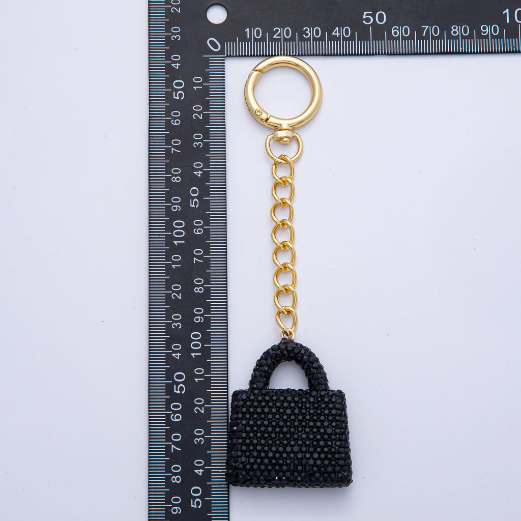18K Gold Filled Black, Brown, White, Blue, Red, Pink Bedazzled Purse Bag Charm Keychain Push Gate Key Ring Accessories | WB-00258 ~ WB-00264