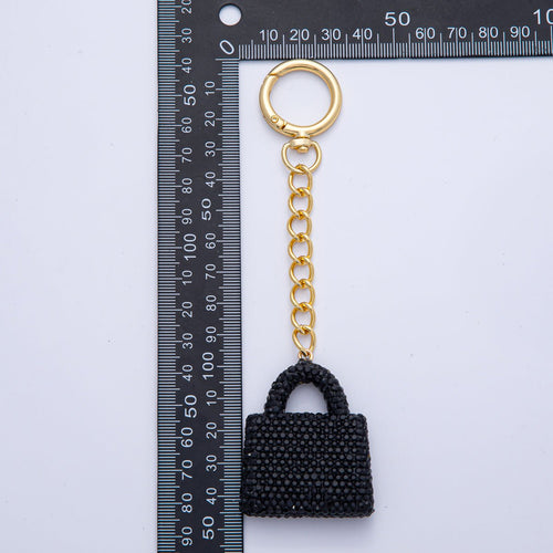 18K Gold Filled Black, Brown, White, Blue, Red, Pink Bedazzled Purse Bag Charm Keychain Push Gate Key Ring Accessories | WB-00258 ~ WB-00264