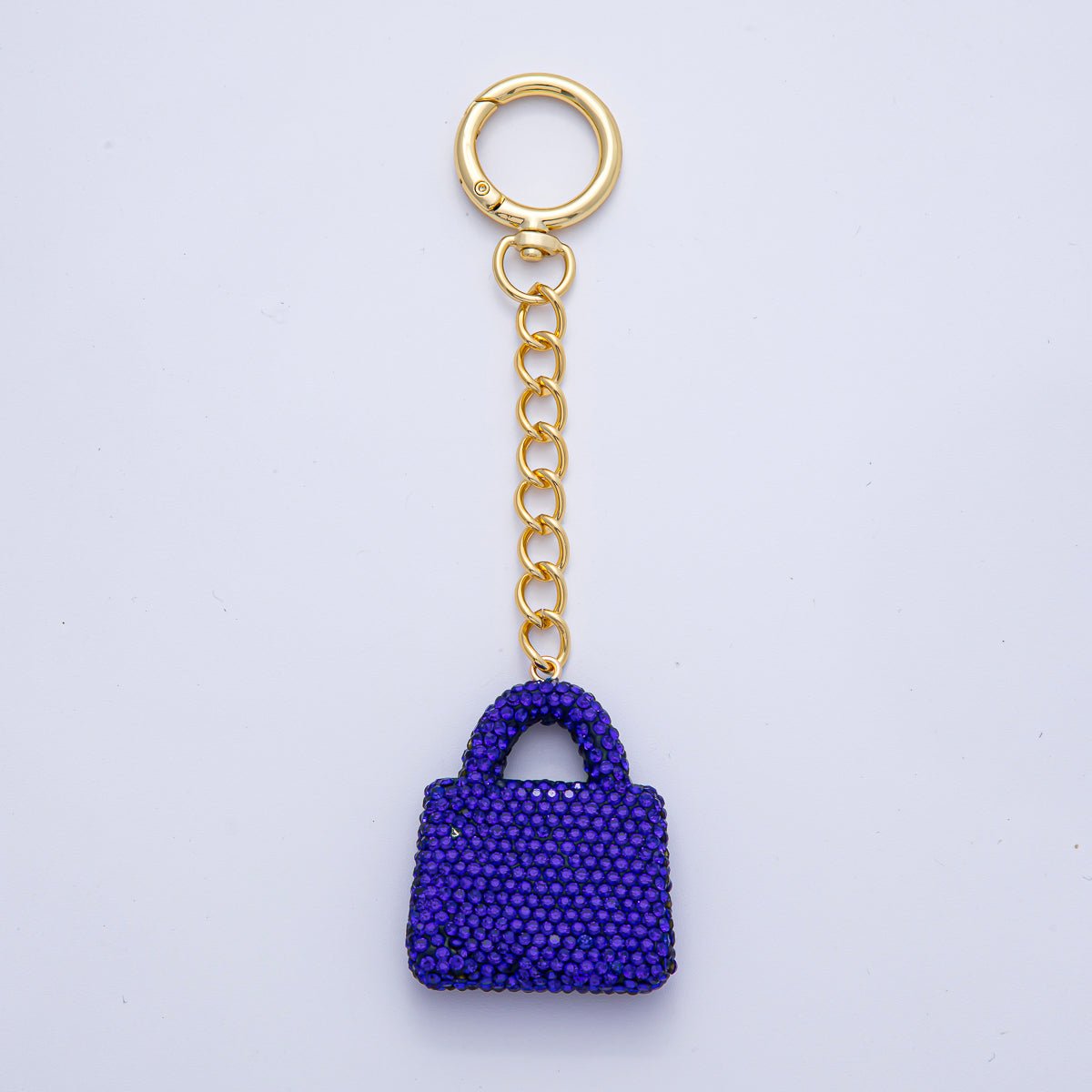 18K Gold Filled Black, Brown, White, Blue, Red, Pink Bedazzled Purse Bag Charm Keychain Push Gate Key Ring Accessories | WB-00258 ~ WB-00264