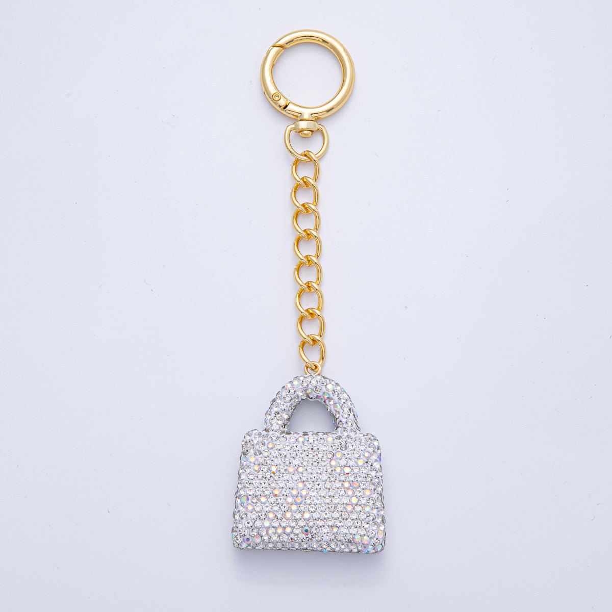 18K Gold Filled Black, Brown, White, Blue, Red, Pink Bedazzled Purse Bag Charm Keychain Push Gate Key Ring Accessories | WB-00258 ~ WB-00264