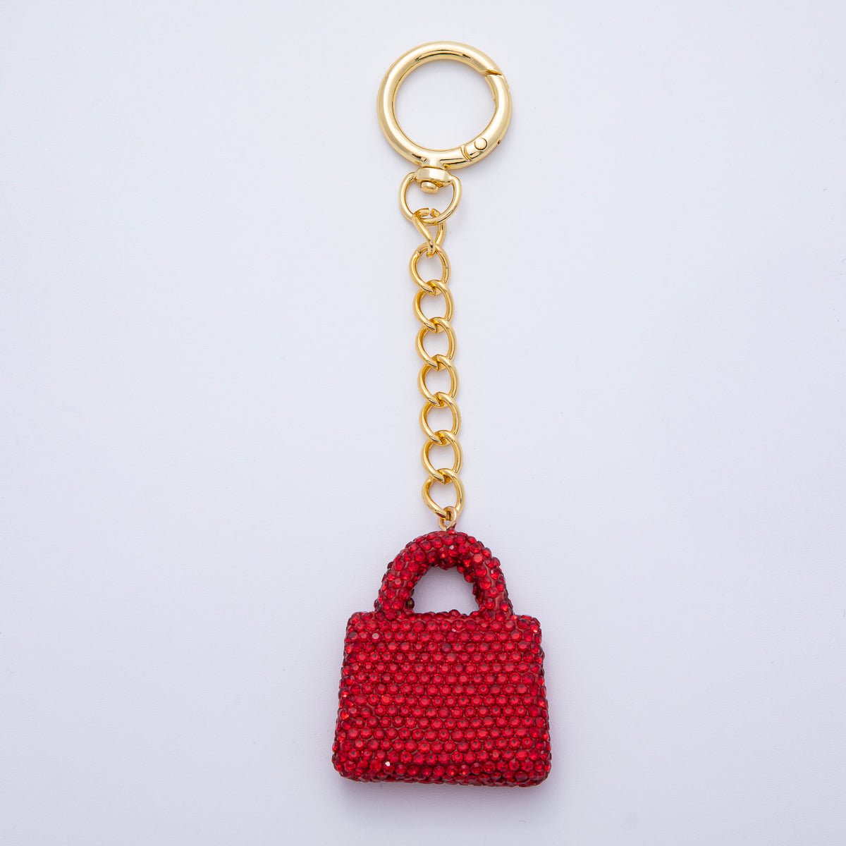 18K Gold Filled Black, Brown, White, Blue, Red, Pink Bedazzled Purse Bag Charm Keychain Push Gate Key Ring Accessories | WB-00258 ~ WB-00264