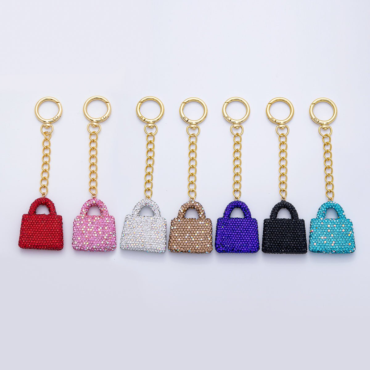 18K Gold Filled Black, Brown, White, Blue, Red, Pink Bedazzled Purse Bag Charm Keychain Push Gate Key Ring Accessories | WB-00258 ~ WB-00264