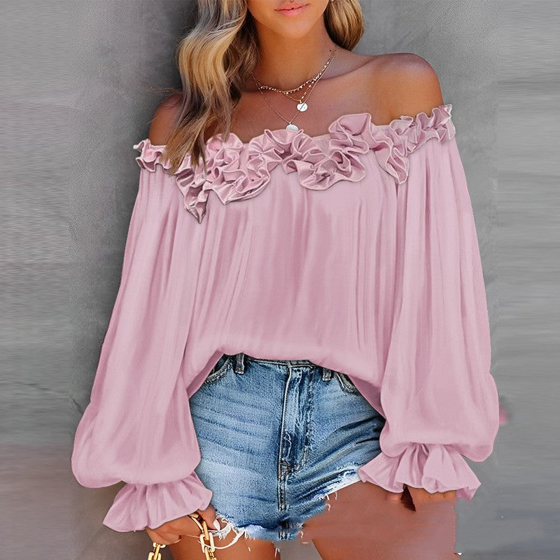 Casual Blouses Shoulder Off-Shoulder Long Sleeve Top Lotus Leaf Sleeve Shirt Loose Women's Clothing