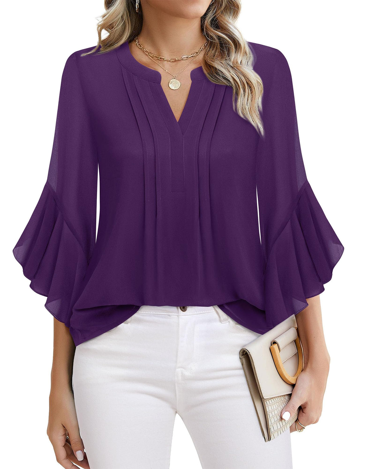 Beautiful Blouses For Ladies - Women's 3/4 Sleeve Chiffon Blouse Dressy Business Casual Work Shirt