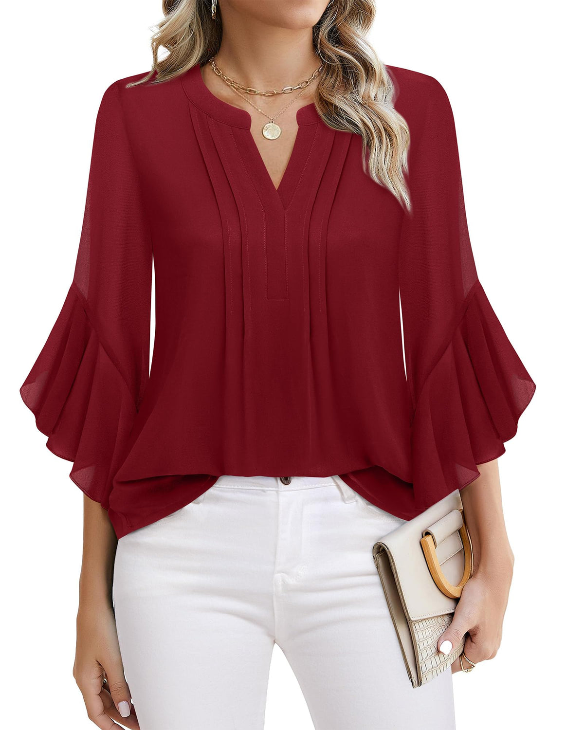 Beautiful Blouses For Ladies - Women's 3/4 Sleeve Chiffon Blouse Dressy Business Casual Work Shirt