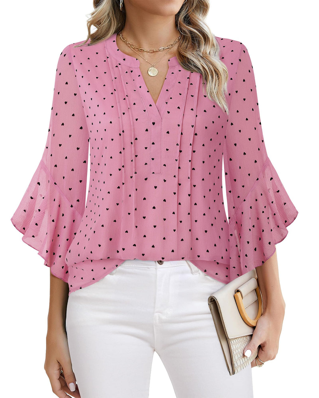 Beautiful Blouses For Ladies - Women's 3/4 Sleeve Chiffon Blouse Dressy Business Casual Work Shirt