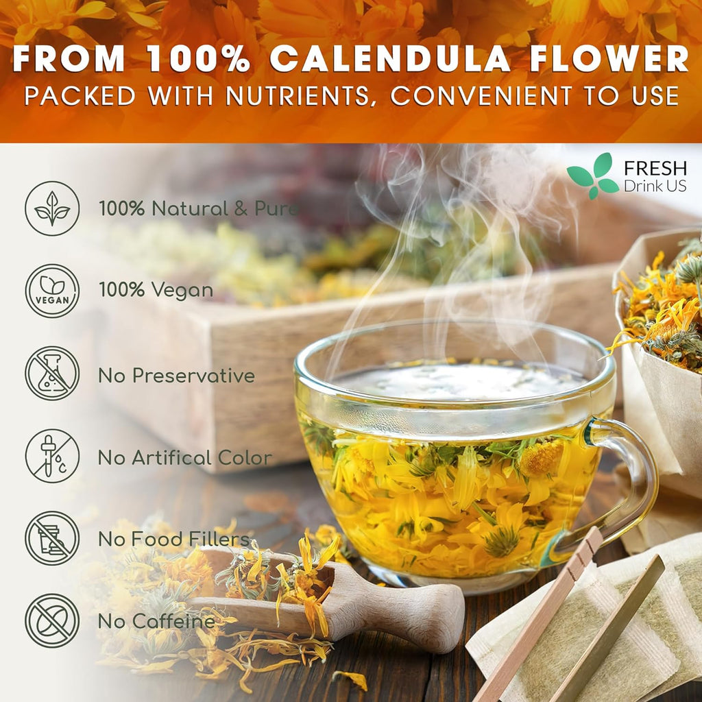 Calendula Tea Bags, 100% Natural and Pure Calendula Flowers, Eco-conscious Tea Bags. Calendula Flower Herbal Tea. No Sugar, No Caffeine, No Gluten, Vegan.