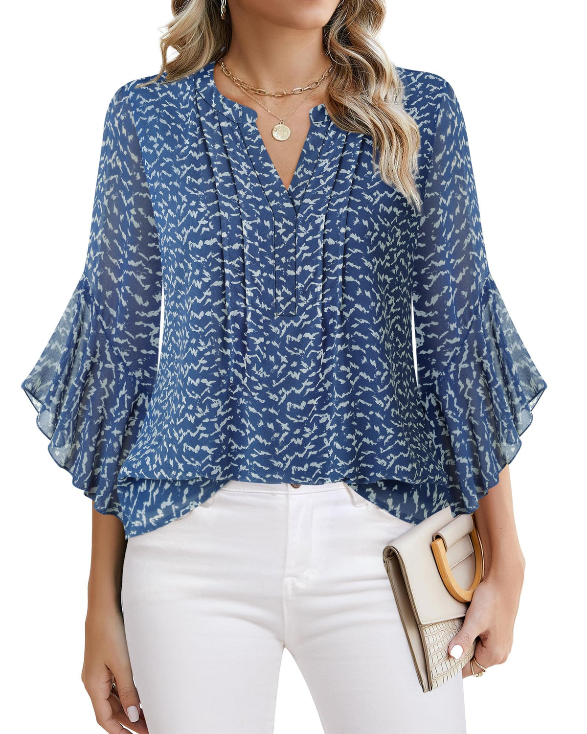 Beautiful Blouses For Ladies - Women's 3/4 Sleeve Chiffon Blouse Dressy Business Casual Work Shirt