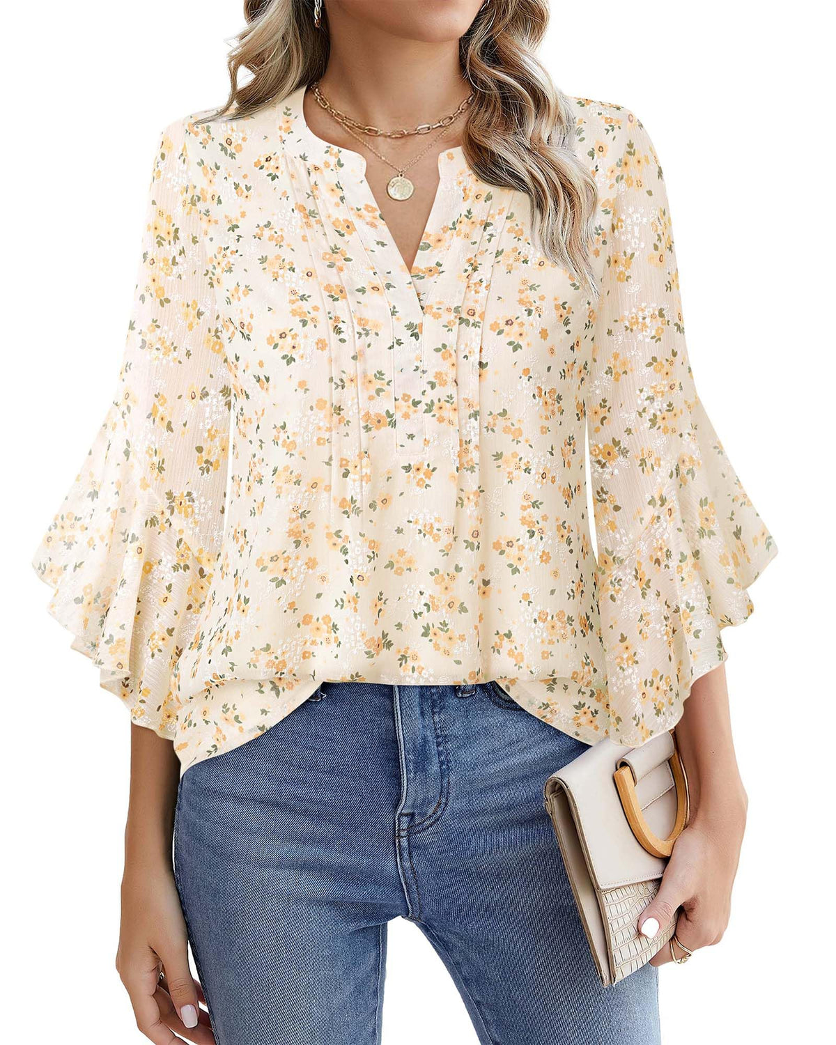Beautiful Blouses For Ladies - Women's 3/4 Sleeve Chiffon Blouse Dressy Business Casual Work Shirt