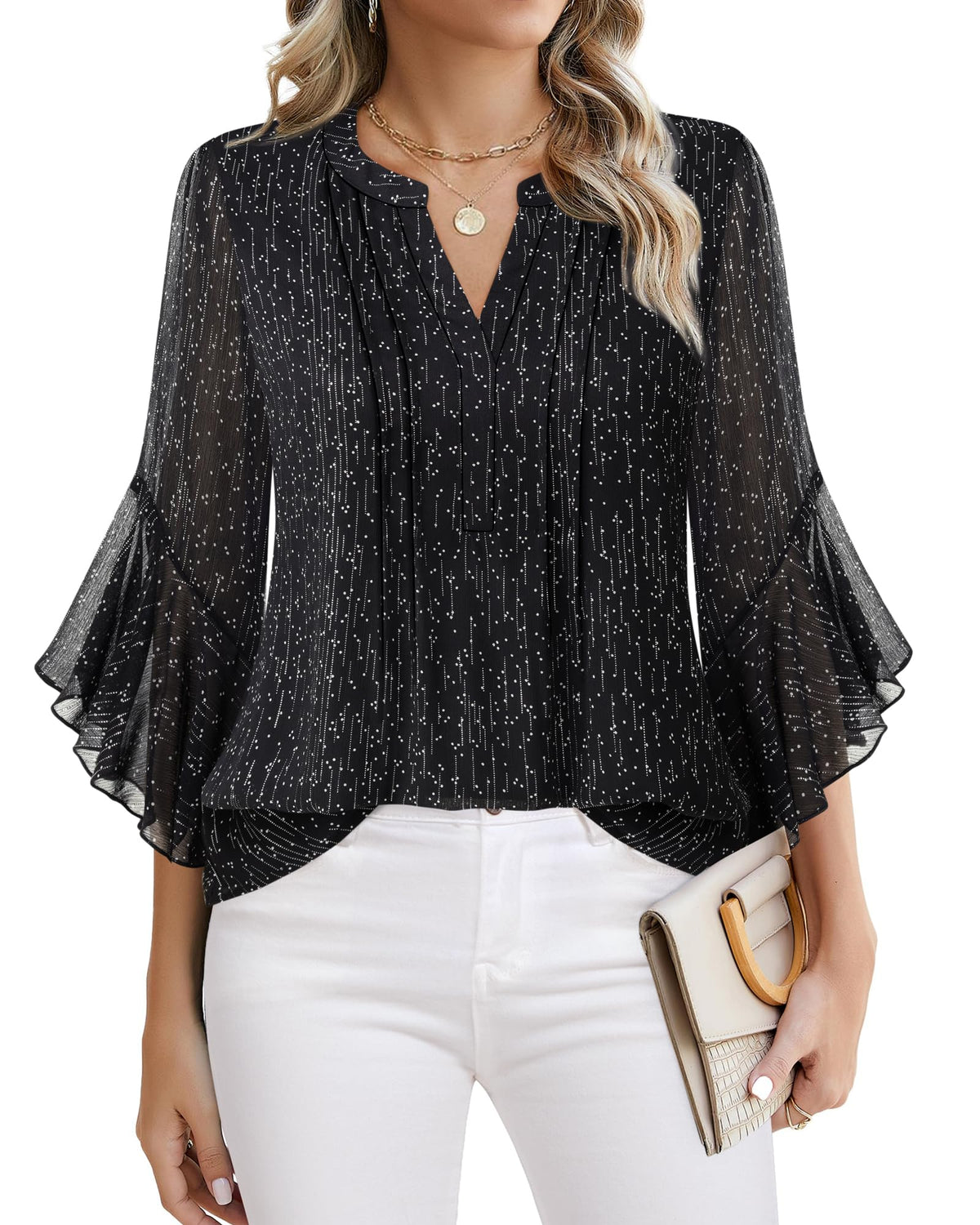 Beautiful Blouses For Ladies - Women's 3/4 Sleeve Chiffon Blouse Dressy Business Casual Work Shirt