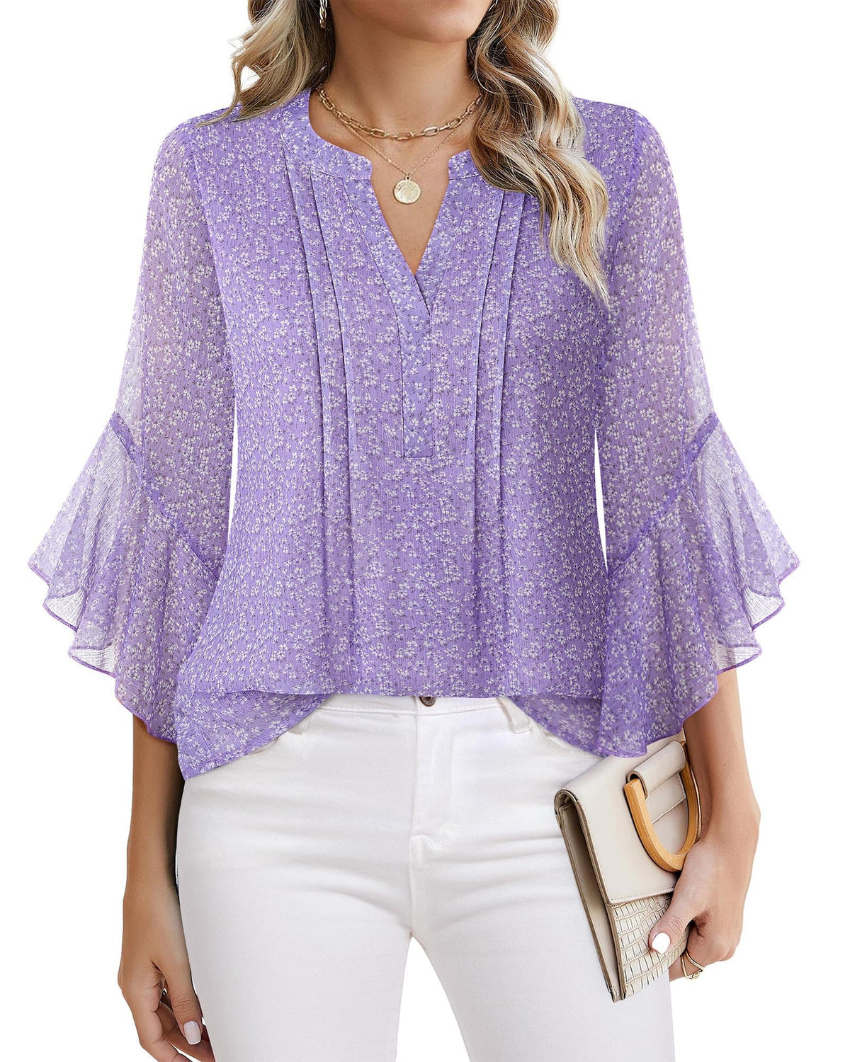 Beautiful Blouses For Ladies - Women's 3/4 Sleeve Chiffon Blouse Dressy Business Casual Work Shirt