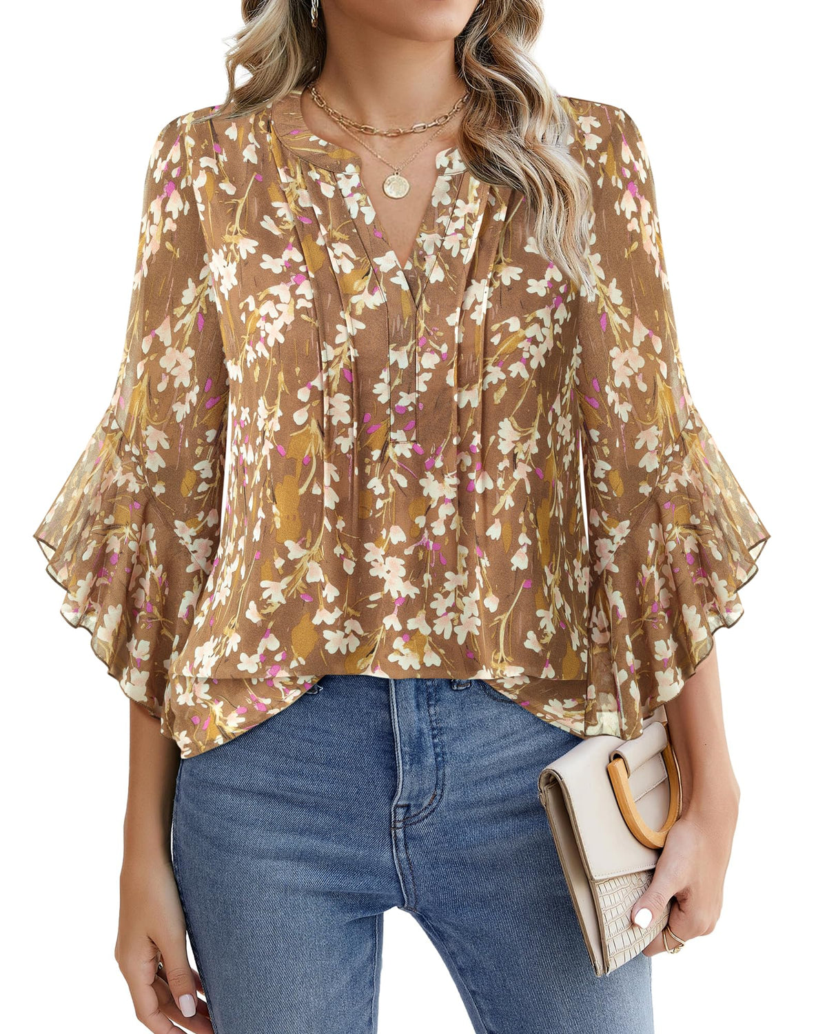 Beautiful Blouses For Ladies - Women's 3/4 Sleeve Chiffon Blouse Dressy Business Casual Work Shirt