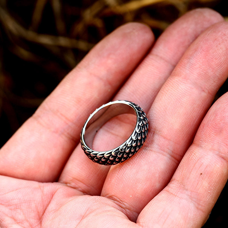 Retro Dragon Scale Stainless Steel Ring - Men's Titanium Steel Animal Jewelry Unique European American Style Band
