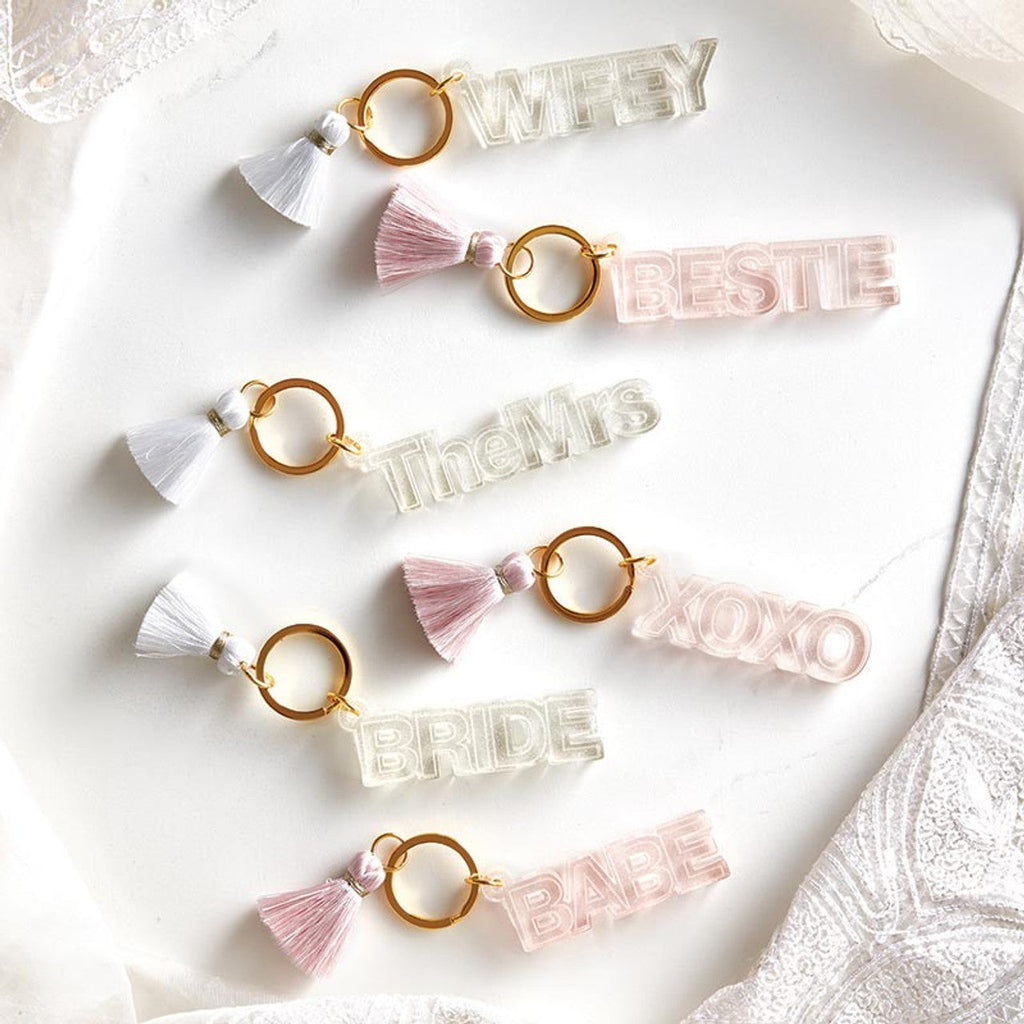 Acrylic Keychain with Tassel - XOXO or Babe | Cute Gold Tone Key Ring Gift Accessory