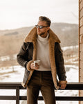 Men's Brown Long B3 Aviator Coat with Faux Shearling