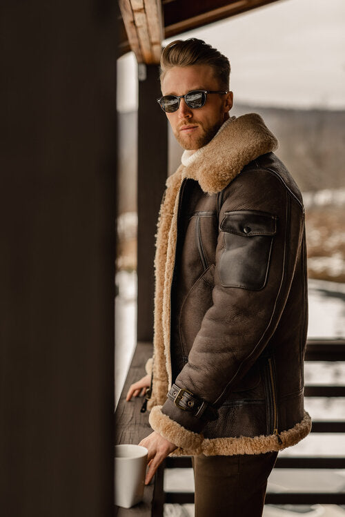 Men's Brown Long B3 Aviator Coat with Faux Shearling