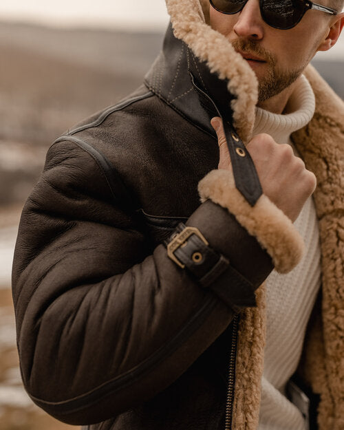 Men's Brown Long B3 Aviator Coat with Faux Shearling