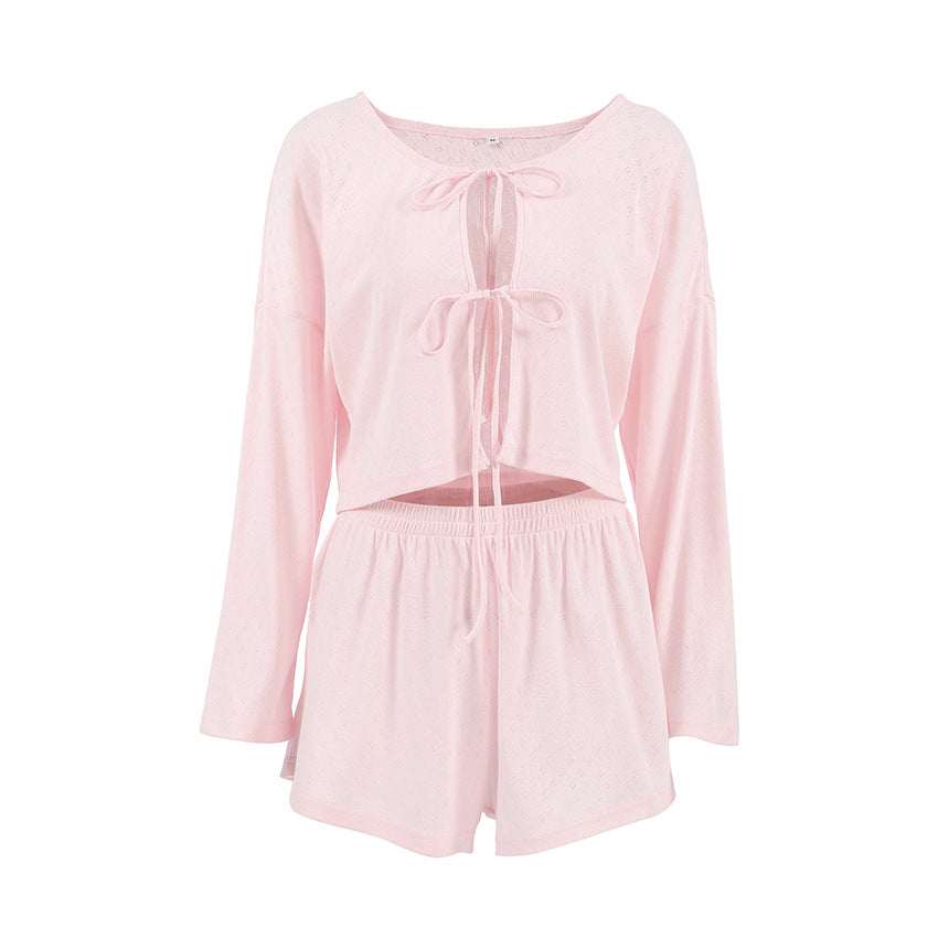 Loose Lace up Knitted Jacquard Home Wear Autumn Long Sleeve Shorts Comfort Casual Pajamas for Women