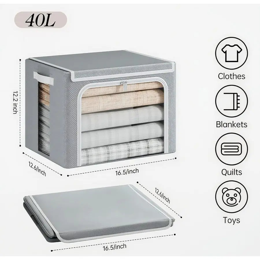 Clothes Storage Bins with Metal Frame, 40L Foldable Clothing Storage Bins with Lid, Stackable Zippered Clothes Storage Bags, Oxf