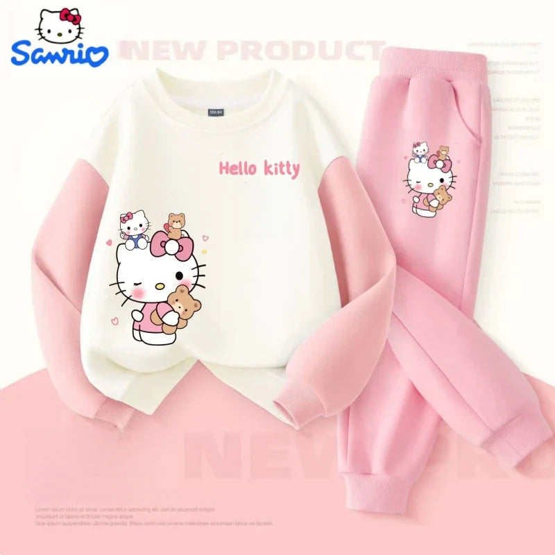 Sanrio Autumn Baby Girls Clothes Set Kid Hello Kitty Printed Sweatshirts Pullover Top & Pants 2pcs Children Patchwork Tracksuit