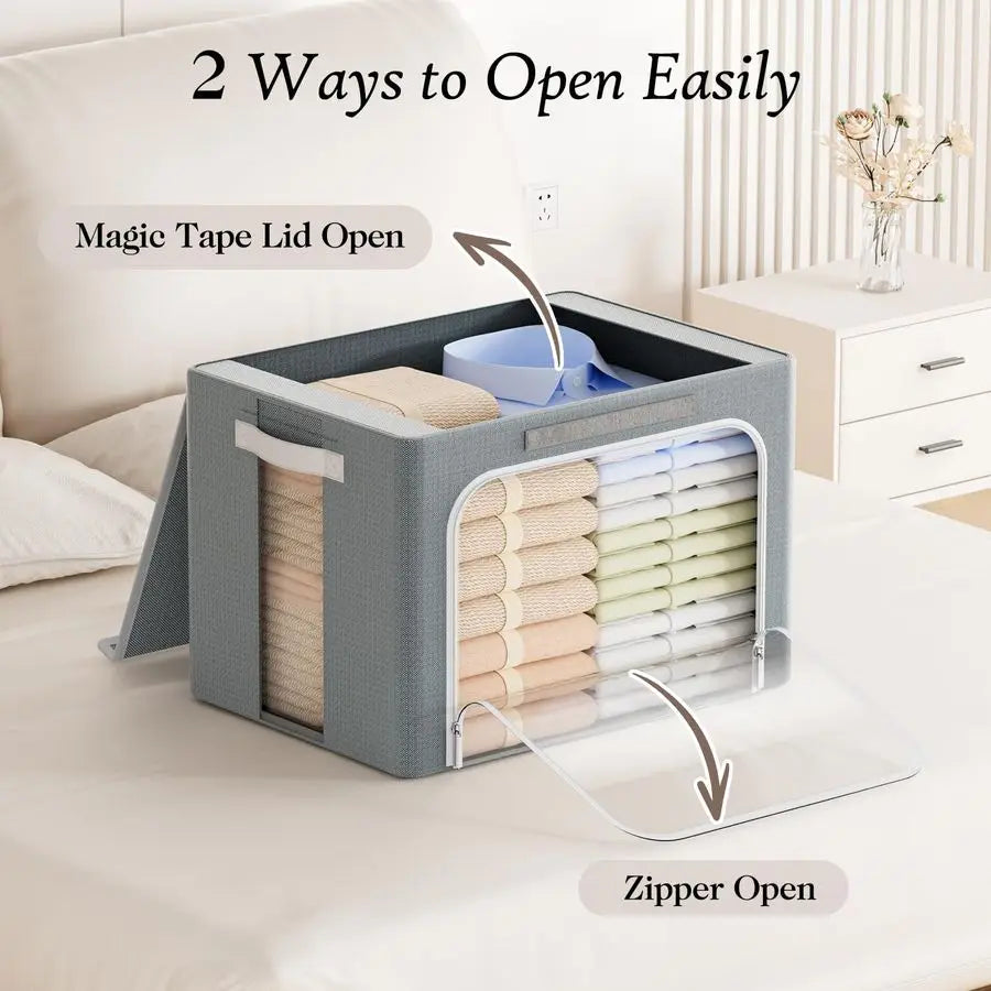 Clothes Storage Bins with Metal Frame, 40L Foldable Clothing Storage Bins with Lid, Stackable Zippered Clothes Storage Bags, Oxf
