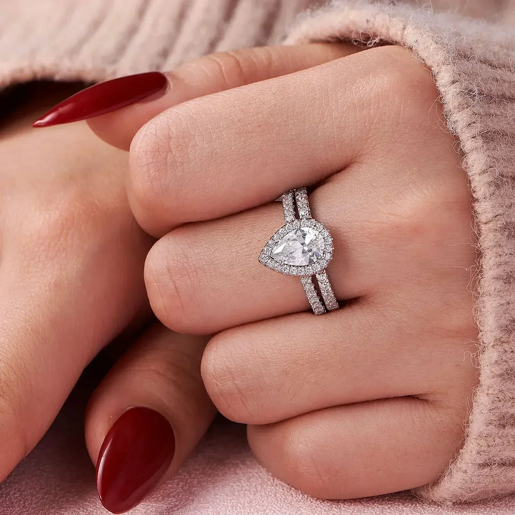 Newshe 2 Pieces Tear Drop Shape Engagement Ring Wedding Band for Women 925 Silver Bridal Jewelry High Grade Cubic Zircons