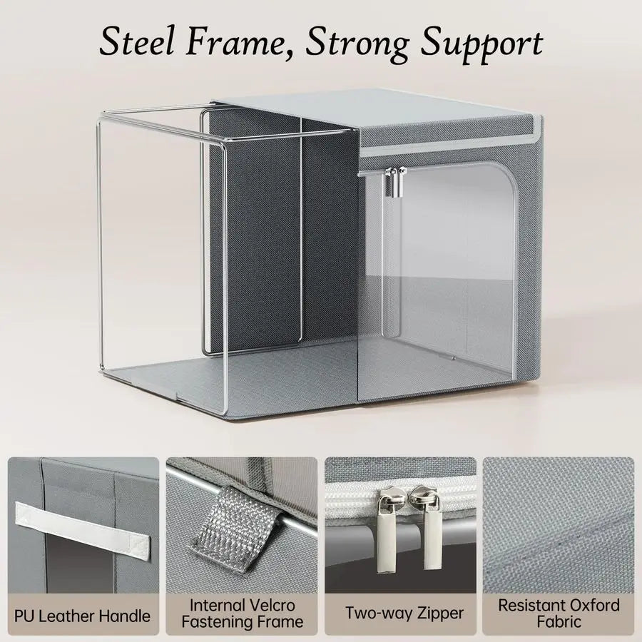 Clothes Storage Bins with Metal Frame, 40L Foldable Clothing Storage Bins with Lid, Stackable Zippered Clothes Storage Bags, Oxf