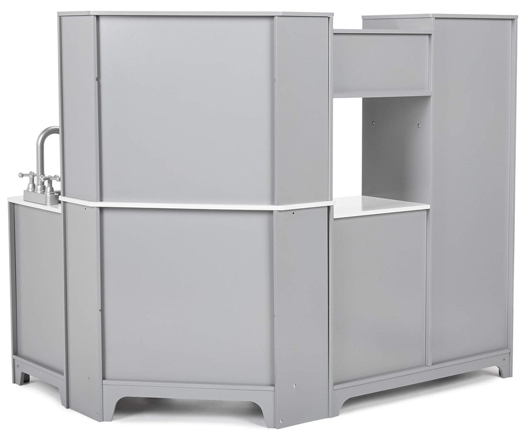 Amazon Basics Kids Corner Wooden Kitchen Toy Playset with Stove, Oven, Sink, Fridge and Accessories, for Toddlers, Preschoolers, Children Age 3+ Years, White & Gray, 39.37"L x 28.35"W x 35.04"H