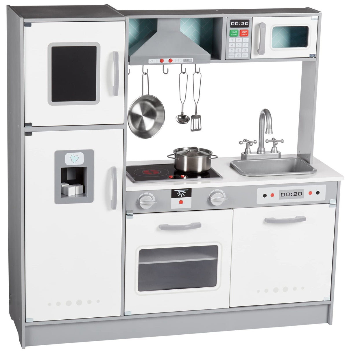 Amazon Basics Kids Corner Wooden Kitchen Toy Playset with Stove, Oven, Sink, Fridge and Accessories, for Toddlers, Preschoolers, Children Age 3+ Years, White & Gray, 39.37"L x 28.35"W x 35.04"H