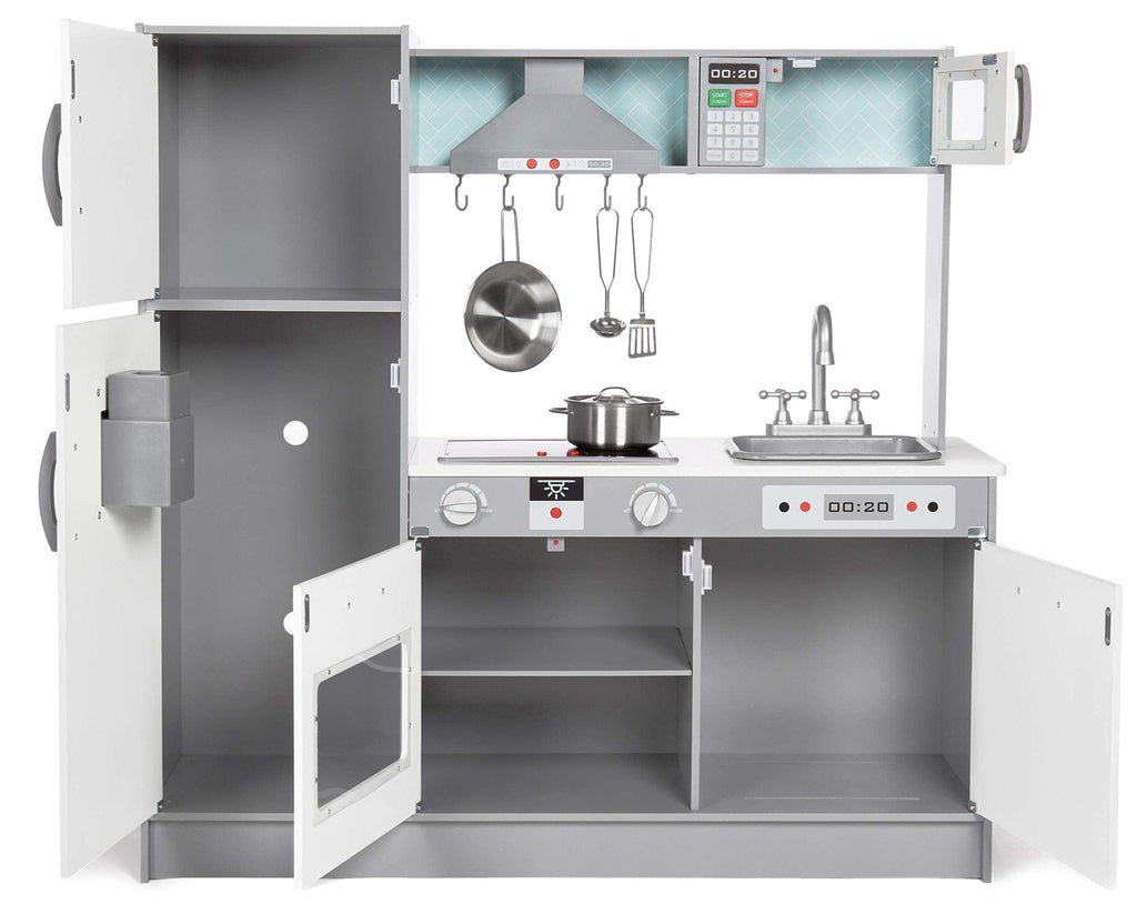 Amazon Basics Kids Corner Wooden Kitchen Toy Playset with Stove, Oven, Sink, Fridge and Accessories, for Toddlers, Preschoolers, Children Age 3+ Years, White & Gray, 39.37"L x 28.35"W x 35.04"H