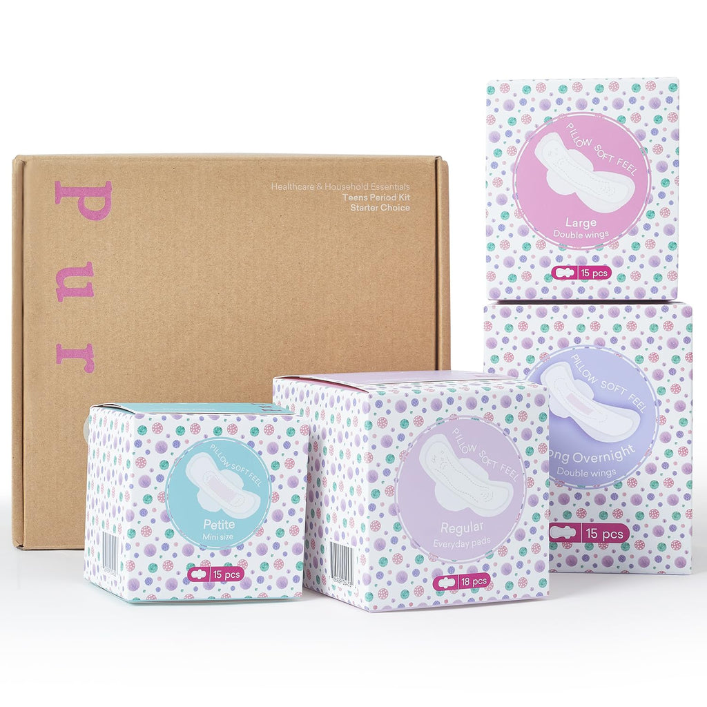 PurComfy Teens First Period Starter Kit for Girls 9-10-11-12-14 63pcs Period Pads for Tweens Teens Menstrual Pad Box for Girls Period Kit for School 4 Essential Size fit for Tween Period Underwear