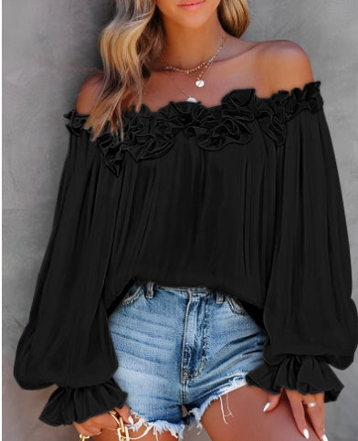 Casual Blouses Shoulder Off-Shoulder Long Sleeve Top Lotus Leaf Sleeve Shirt Loose Women's Clothing